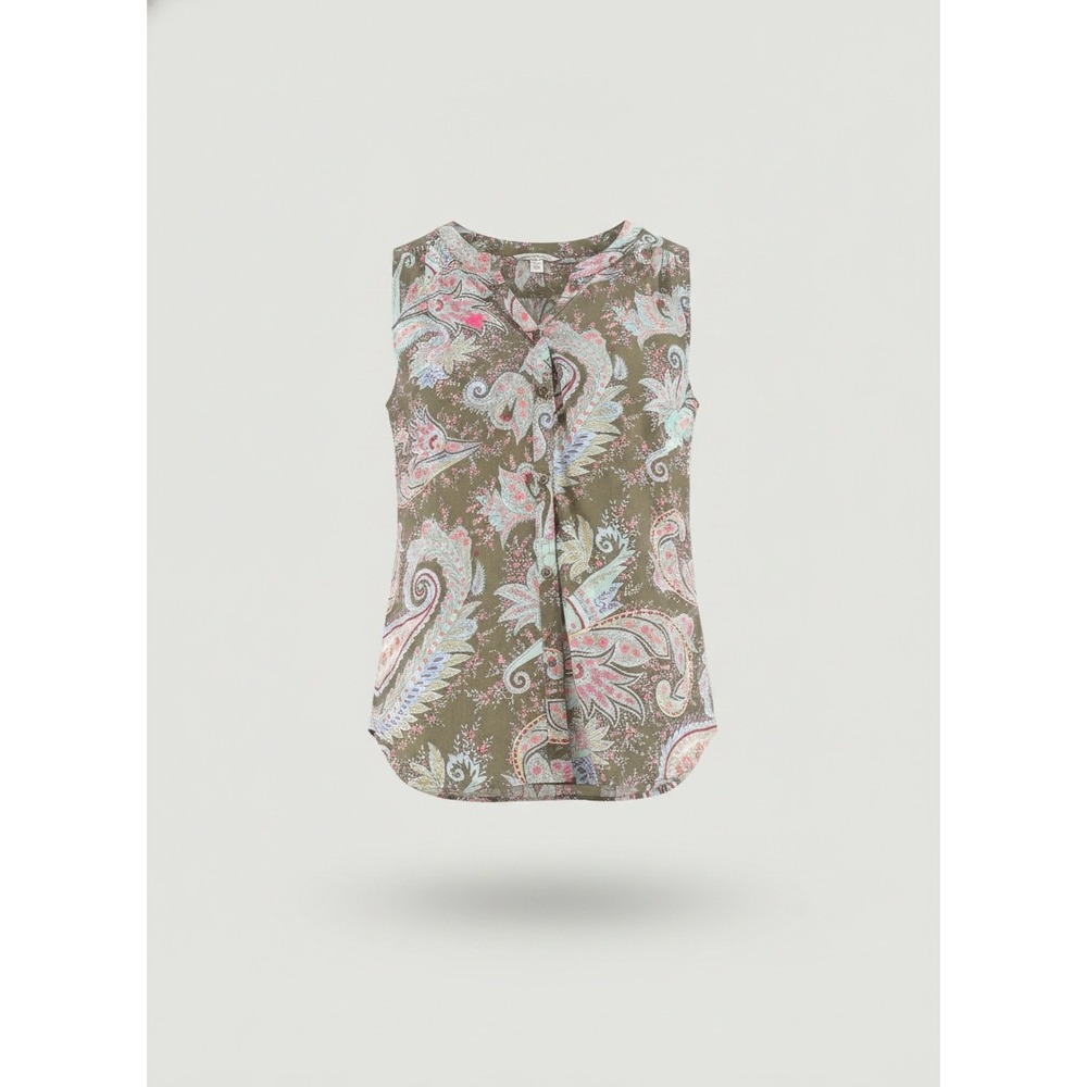 American Eagle Outfitters Olive Green Paisley Sleeveless Button Down Blouse M‎